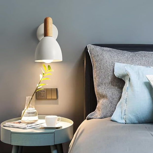 Modern Hardwired Wall Sconces, White Metal Wall Mount Lamp for Bedside Bedroom Living Room, Wooden Indoor Wall Light with E27 Buld