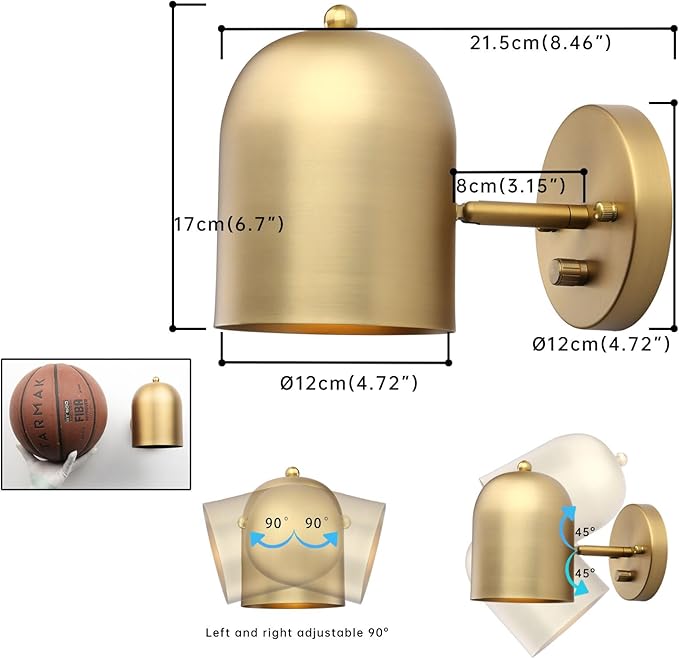 Pathson Modern Dimmable Wall Sconce Hardwired, Brass Finish Wall Light Lamp Adjust Light Head, E26 Bulb Base Reading Wall Lighting Decor for Living Room Bedroom Hallway