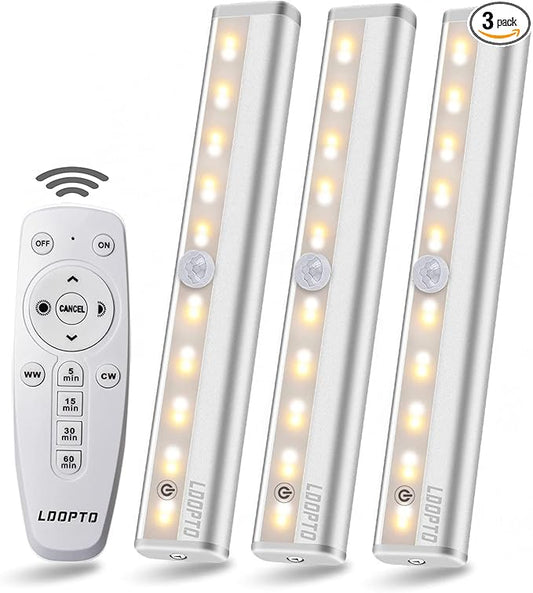 LDOPTO Battery Operated Lights Wireless Under Cabinet LED Closet Lighting Under-Counter Light fixtures Without Wiring with Remote/Touch Control for Kitchen Shelf Hallway Stairs, 3 Colors 3 Pack