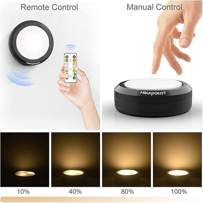 HOLKPOILOT Puck Lights with Remote Control, LED Under Cabinet Lighting, Battery Operated Light, Closet Dimmable Stick On Light (4Pack)