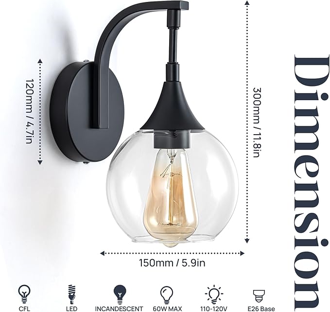 1-Light Bathroom Wall Sconces,Matte Black Sconces Wall Lighting with Clear Glass Shade,Modern Vanity Light Fixtures,Indoor Lamp Wall Mount Light for Mirror, Bedroom