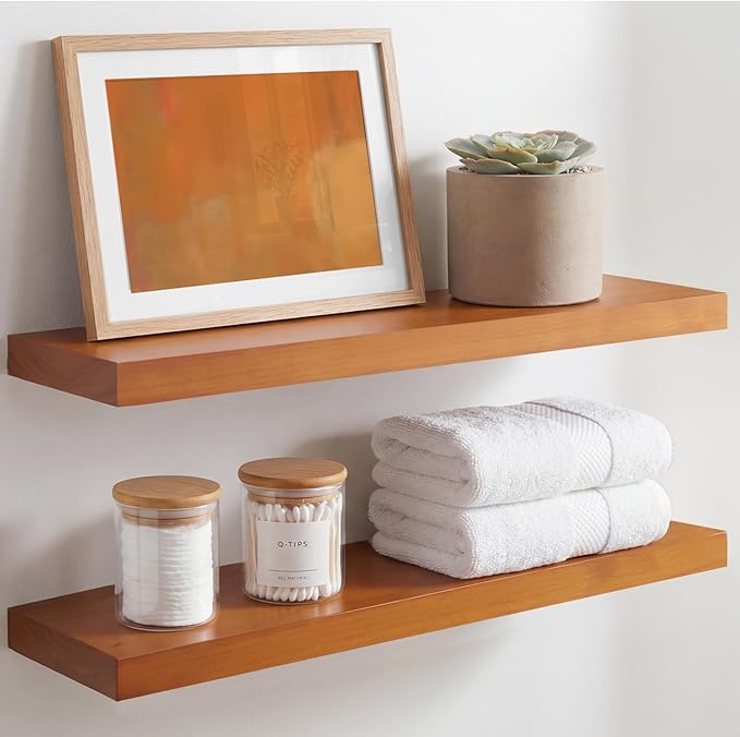 Homeforia 24inch Oak Floating Shelf for Wall, High End Solid Real Wood 24 inches Long Floating Shelves for Bathroom, Honey Oak Wooden Floating Shelves, Heavy Duty Bracket, 24 X 6.5 X 1.75 in, Set of 3
