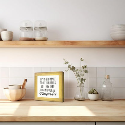 Home Kitchen Decor, Funny Margaritas Sign, Trying to Make Protein Shakes but They Keep Coming Out as Margaritas, Box Wood Desk Sign, Kitchen Bar and Wine Bar Decoration A