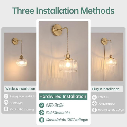 Vintage Wall Sconce Wall Lamp with Clear Striped Shade Pattern Glass Adjustable Chain Retro Gold Wall Mounted Light, Modern Wall Lamp Fixtures Decor for Bedside Bedroom Indoor Doorway