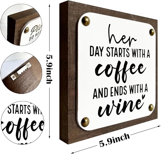 Coffee Wine Sign, Funny Wood Sign, Wooden Box Signs Decors Art, Farmhouse Decor for Shelf, Home Decor Accent, Gift for Her, Her Day Starts With A Coffee and Ends With A Wine Signs