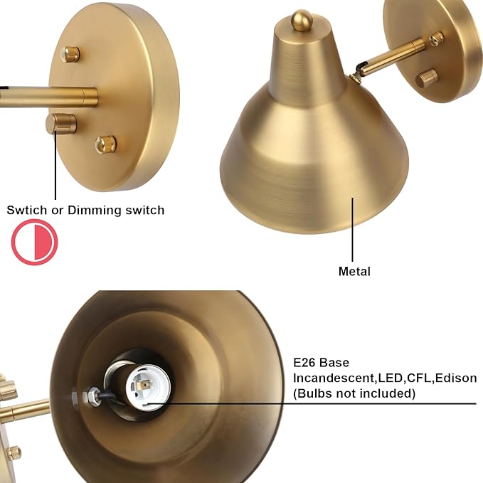 Yosoan Indoor Vanity Wall Sconce with Dimming On Off Switch, 1-Light Hardwired Vintage Wall Mount Metal Lamp Fixture with 6.89
