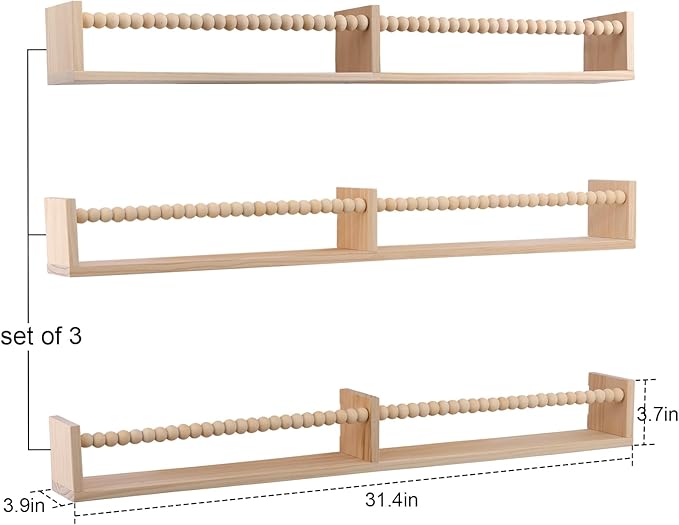 Nursery Book Shelves for Kids Rooms - 32 Inches Floating Wall Bookshelves Set of 3, Space-Saving Nursery Shelves with Beads Design for Kids Room, Bedroom and Study Room(Natural)