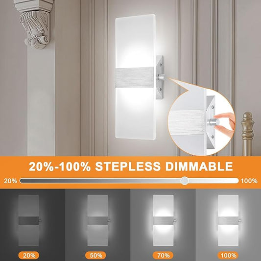 LIGHTESS Modern Wall Sconce Dimmable Switch 12W, Up Down Wall Lights Acrylic LED Wall Lamp for Hallway Bedroom Corridor, Cool White, HS621-1
