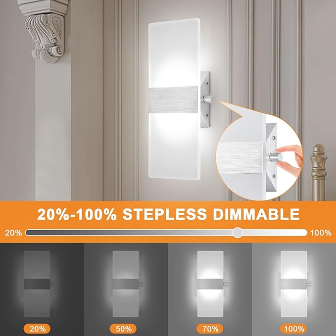 LIGHTESS Modern Wall Sconce Dimmable Switch 12W, Up Down Wall Lights Acrylic LED Wall Lamp for Hallway Bedroom Corridor, Cool White, HS621-1