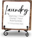 Funny Laundry Room Decor Sign for Bathroom, Laundry Sign: Washing 1 Hour, Drying 1 Hour, Putting Away 7-10 Business Days Wood Plaque Sign Rustic Wooden Plaque With Stand for Home Farmhouse Shelf Table