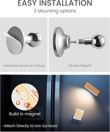 Wood Battery Operated Wall Sconce Set of 2, Magnetic Mini Wall Lights with 360° Rotation and Adjustable Brightness, Stick-On Mount for Bedside, Hallway, Living Room (2Pack Beech Wood)