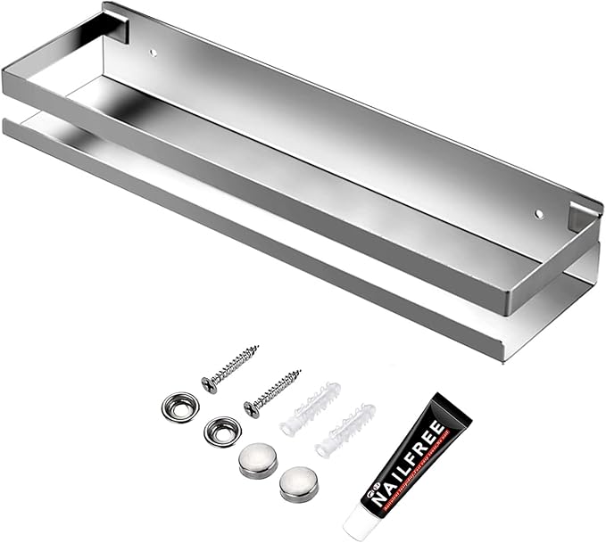 CONRUSER Wall Mounted Spice Rack, Stainless Steel Kitchen Organizer Shelves Hanging Storage Shelf Brushed Steel Seasoning Rack (50CM)