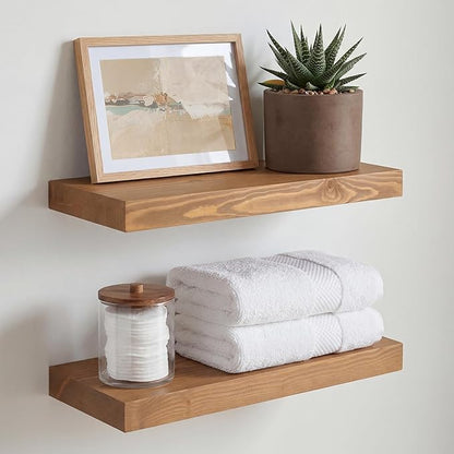 Homeforia 16 inch Golden Oak Floating Shelf, High End Solid Real Wood 16inch Small Floating Shelves for Wall Mounted, Oak Wooden 16in Floating Shelves, Heavy Duty Bracket, 16 X 6.5 X 1.75 in, Set of 2