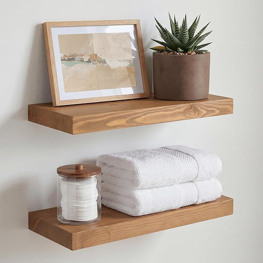 Homeforia 16 inch Golden Oak Floating Shelf, High End Solid Real Wood 16inch Small Floating Shelves for Wall Mounted, Oak Wooden 16in Floating Shelves, Heavy Duty Bracket, 16 X 6.5 X 1.75 in, Set of 2