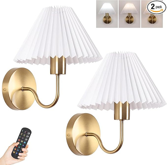 Rechargeable Battery Operated Wall Sconces Set of 2 Brushed Brass Wall Lights with Remote Dimmable Pleated Shades Wall Lamp 15 Colors Wireless Bathroom Vanity Light for Bedroom Living Room Hallway