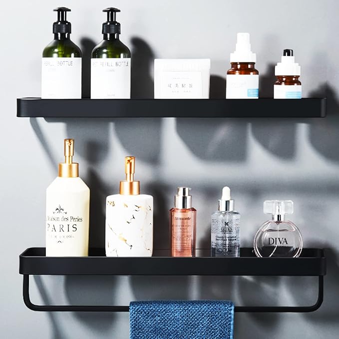 15.7in Bathroom Wall Shelf (2 Tier), Glass Shelf for Wall Mounted, Black Shower Caddy Shelves, Bathroom Shelves with Towel Holder for Shower Organization and Storage