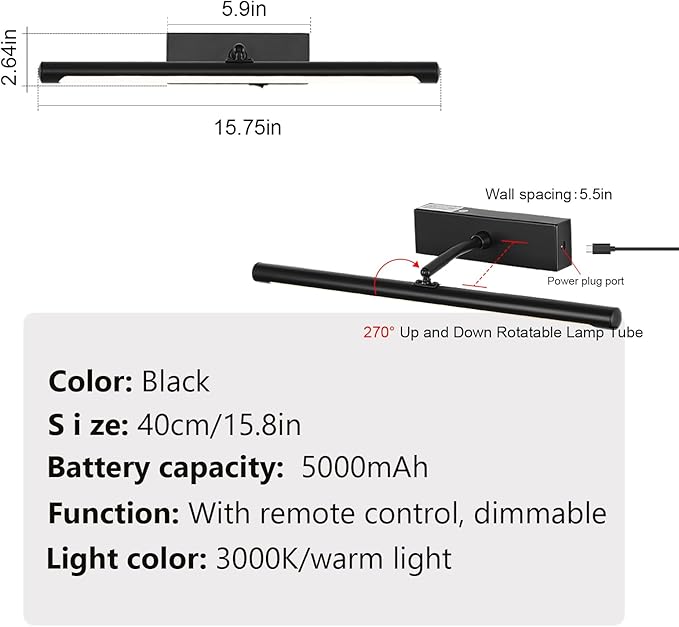 Picture Light for Wall Battery Operated, 16" Rechargeable Art Light with Remote and Timer for Painting, 3 Color Temps, Wireless Wall Light for Display, Artwork, Portrait, Gallery, Black
