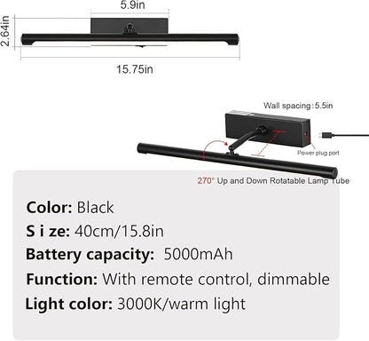 Picture Light for Wall Battery Operated, 16" Rechargeable Art Light with Remote and Timer for Painting, 3 Color Temps, Wireless Wall Light for Display, Artwork, Portrait, Gallery, Black