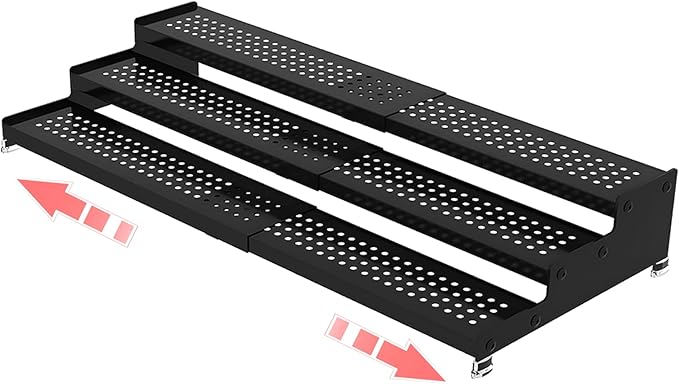 3-Tier Expandable Metal Spice Rack Organizer for Cabinet & Pantry, Adjustable 12.8-24" Heavy Duty Step Shelf for Kitchen Countertop, Spices, Perfumes & Mini Figures, Non-Slip(BLACK,1PACK)