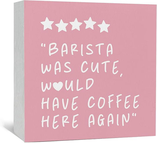 Pink Coffee Bar Accessories - Would Have Coffee Here Again Wooden Box Signs, Bar Decorations For Home, Pink Wood Sign Home Decor For Kitchen Desk Table Shelf 5x5 Inch