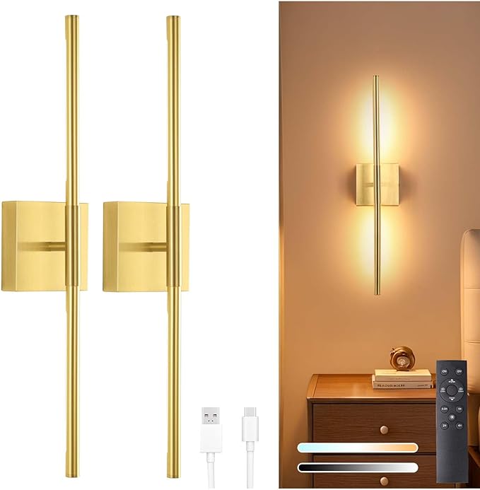 Battery Operated Wall Sconce Set of 2, 8000mAh Wireless Wall Sconces, 3000K-6000K Dimmable, 350°Rotate, Indoor Wall Lights for Bedroom Living Room Bathroom, Gold, 23.6 Inch