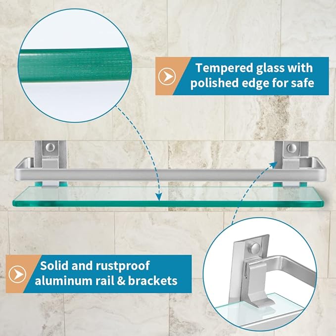 2-Pack Tempered Glass Bathroom Shelf with Rail, 15