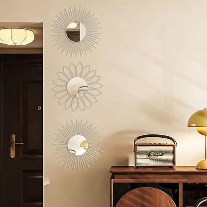 3 Pack Metal Mirrors for Wall Sunburst Wall Mirrors Home Décor Decorative Hanging Wall Art for Living Room Bedroom Entryway (White, Flower+Sunburst)
