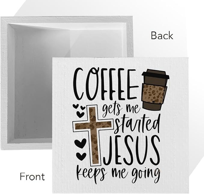 Christian Coffee Decor Wood Sign, Farmhouse Kitchen Wall Art with Inspirational Quote, Religious Rustic Wood Box for Coffee Bar, Shelf, Desktop