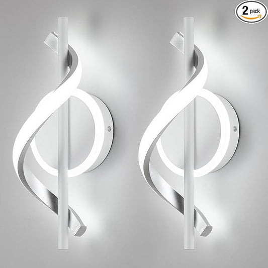 LED Wall Sconces Sets of 2, 12W LED Wall Lights, Modern Spiral Wall Sconces, Wall Lamps for Living Room, 6000K Cold White Wall Mount Light Fixture for Stairs Living Room Bedroom Aisle Hallway