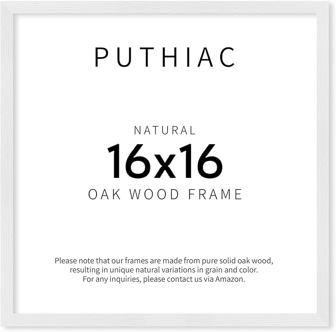 puthiac 16x16 Solid Oak Wood Picture Frame, Fits 12x12 with Mat or 16x16 Without Mat, Wall Display Only, Plexi Front, 1 Pack, White