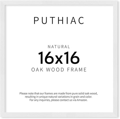 puthiac 16x16 Solid Oak Wood Picture Frame, Fits 12x12 with Mat or 16x16 Without Mat, Wall Display Only, Plexi Front, 1 Pack, White