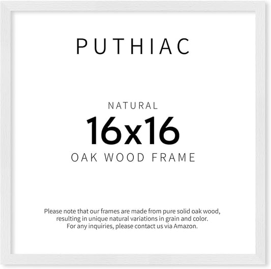 puthiac 16x16 Solid Oak Wood Picture Frame, Fits 12x12 with Mat or 16x16 Without Mat, Wall Display Only, Plexi Front, 1 Pack, White