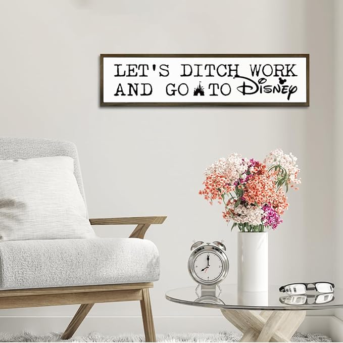 WKYAER Funny Work Decor Sign, Decorative Wooden Table Signs, Wall Decor Art, Humorous Office Decoration, Wooden Box Signs for Home Decors, Coworker Bestie Gift, Let's Ditch Work and Go to Disney Sign