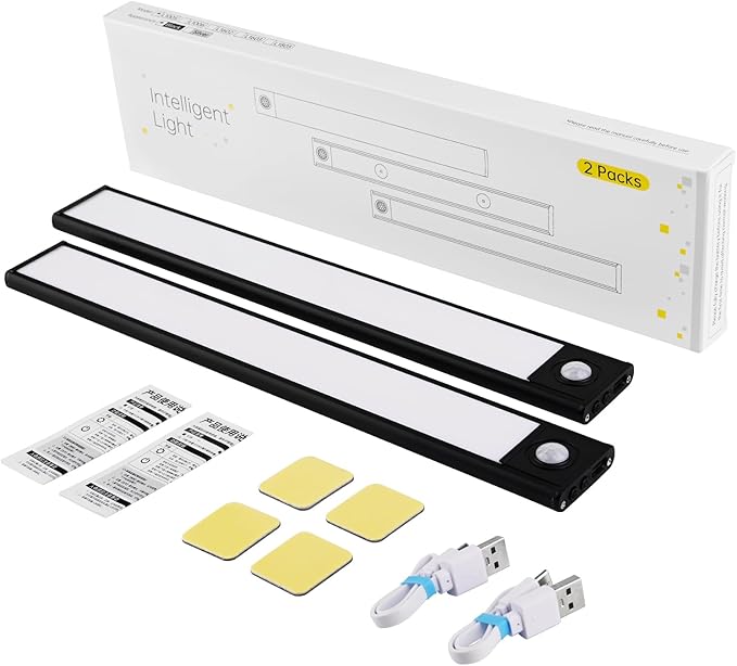 Under Cabinet Lighting, Motion Sensor 54 LED Under Cabinet Lights, 2Pack Rechargeable, 12inch 3 Colors Dimmable Closet Lights Under Counter Lights for for Kitchen, Shelf, Stair, Hallway(Black)