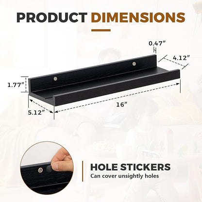 Muzilife 16" Floating Wall Ledge Shelves with Lip - Set of 2 Wood Floating Shelves - Widened Black Wall Mounted Picture Ledge for Office, Bathroom, Bedroom, Living Room, Kitchen