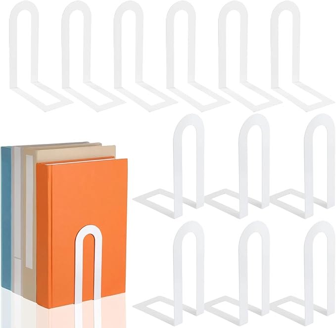 Chunful 12 Pcs Modern Metal Book Ends for Shelves Decorative Small Bookends Book Shelf Organizer Minimalist Design Stopper to Hold Books for Home Office (White,5.5 * 3.75 * 2.25inch)
