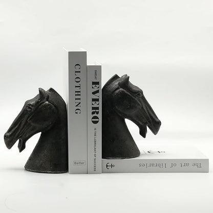 Lukitas Horse Head Decorative Bookends - Heavy Duty Non-Slip Book Holders, Modern Equestrian Ornaments for Office Home Bookshelf Decor, Black, Resin 7.5''