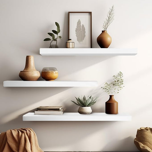 Floating Shelves 16 Inches, Set of 3 Solid Rustic Wood Wall Mounted Shelves (Round Edge), Wall Picture Ledge Shelf with Invisible Metal Brackets for Living Room, Bedroom, Bathroom, White