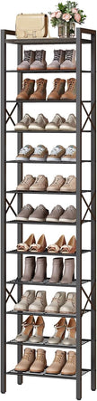 12-Tier Narrow Shoe Rack, Tall Shoe Rack for 12-24 Pairs, Slim Shoe Storage Organizer with Wooden Top, Space Saving, Metal Frame, for Entryway, Charcoal and Black SS61BC