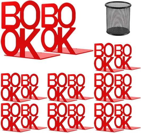 Book Ends - Decorative Metal Book Ends Supports for Bookrack Desk,Books, Unique Appearance Design,Heavy Duty (Red, 8 Pair)