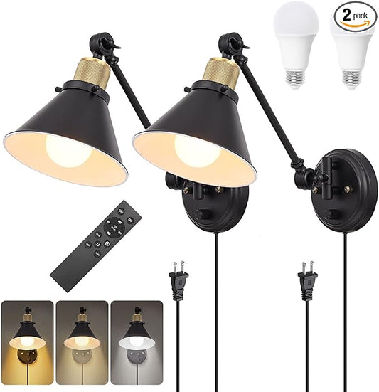 TRLIFE Dimmable Wall Sconce with Remote Control, Plug in Wall Sconces Dimming 10%-100% and Adjustable Color Temperature 2700K-6000K, Swing Arm Wall Lights with Plug in Cord, UL Listed(2 Pack, 2 Bulbs)