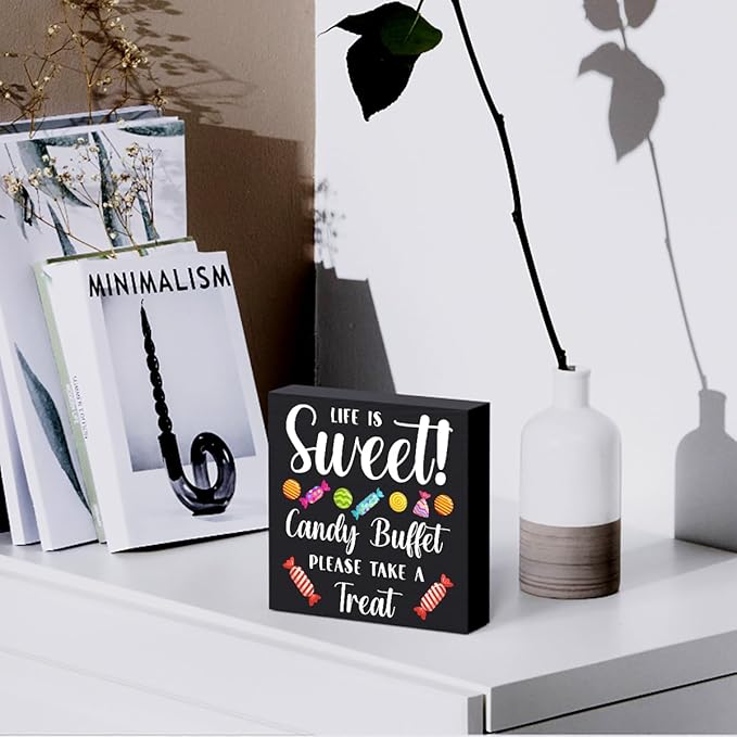Funny Christmas Candy Buffet Wooden Box Sign Plaque Life is Sweet Candy Buffet Please Take a Treat Wood Box Sign Rustic Art Home Shelf Desk Decor 5 X 5 Inches