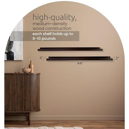 Kiera Grace Floating Shelves for Wall, Engineered Wood Picture Frame Wall Shelves, Easy to Assemble Display Shelves, Ideal for Home Decor, Pack of 2, 44" L x 4" W x 2" H, Espresso