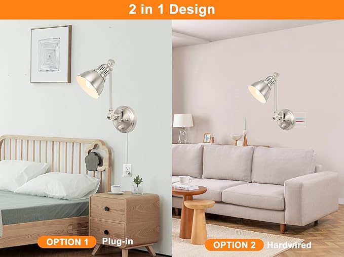 1 Pack Plug in Wall Sconce with Remote Control, Dimming, Adjustable Colors 2700K-6500K, Plug in Wall Light, Swing Arm Wall Lamp with Night Light & Timer, LED Bulb Included, Brushed Nickel