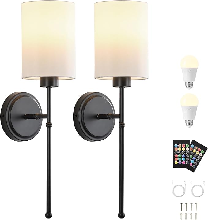 Battery Operated Wall Sconce Set of Two, Black Wireless Rechargeable Wall Light with Remote Control, Dimmable, Amber/Warm/Natural/Cool White,RGB, Battery Power Sconces for Living Room Bedroom