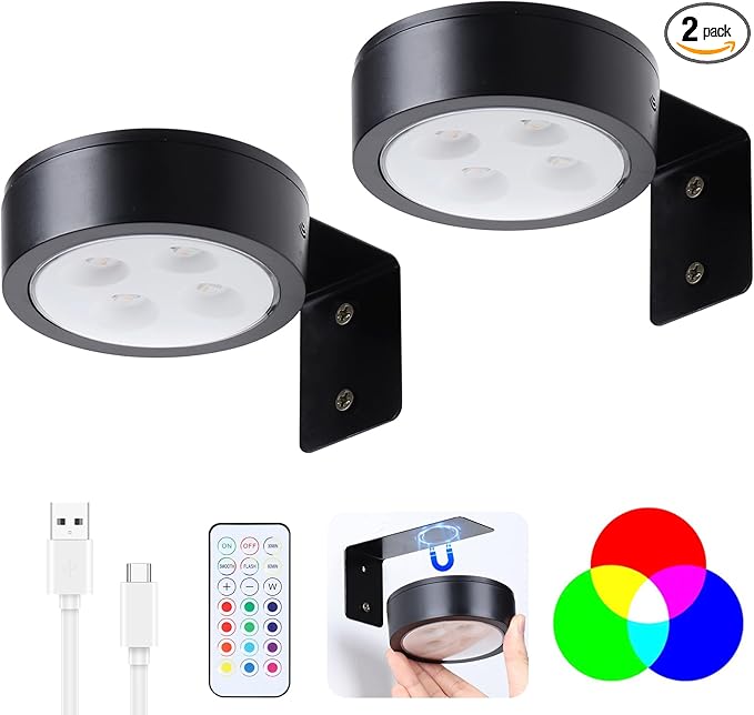 2 Pack Wireless Picture Lights for Wall, Magnetic Black Picture Light Battery Operated with Remote, Dimmable Painting Light for Art Display, RGB Rechargeable Wall Lights for Photo Frame Gallery
