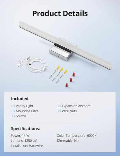 Combuh LED Vanity Lights Bar 24 Inch Bathroom Light Fixtures 14W IP44 Over Mirror Lighting Indoor Wall Sconces Modern Cool White 6000K for Washroom