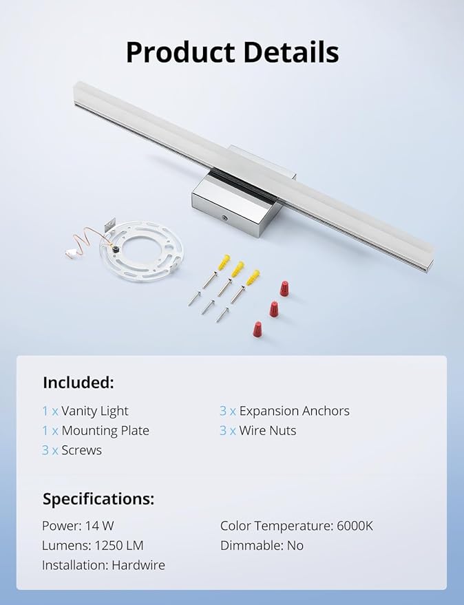 Combuh LED Vanity Lights Bar 24 Inch Bathroom Light Fixtures 14W IP44 Over Mirror Lighting Indoor Wall Sconces Modern Cool White 6000K for Washroom