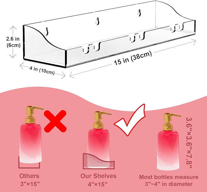 Acrylic Shelves Bathroom 2 Pack Clear Shower Floating Shelf with Hooks Transparent Wall Mounted No Drilling Thick Storage Display Shelving (2 Pcs Shelves)