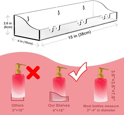 Acrylic Shelves Bathroom 2 Pack Clear Shower Floating Shelf with Hooks Transparent Wall Mounted No Drilling Thick Storage Display Shelving (2 Pcs Shelves)